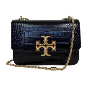 Tory Burch Eleanor Large Hand Bag With Croc Leather Black Gold